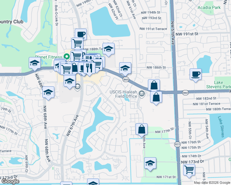 map of restaurants, bars, coffee shops, grocery stores, and more near 18198 Northwest 61st Court in Hialeah