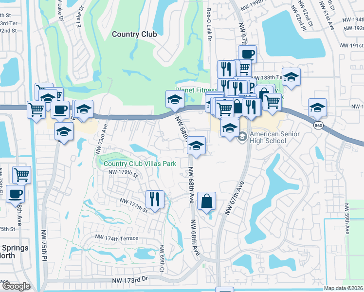 map of restaurants, bars, coffee shops, grocery stores, and more near 18306 Northwest 68th Avenue in Hialeah