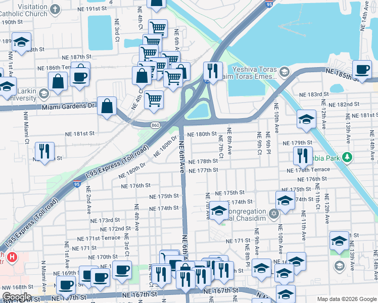 map of restaurants, bars, coffee shops, grocery stores, and more near 17865 Northeast 6th Avenue in Miami