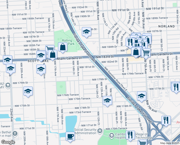 map of restaurants, bars, coffee shops, grocery stores, and more near 1280 Northwest 180th Terrace in Miami