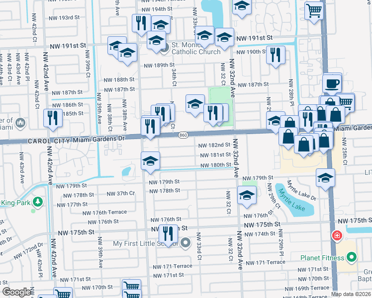 map of restaurants, bars, coffee shops, grocery stores, and more near 3402 Northwest 182nd Street in Miami Gardens