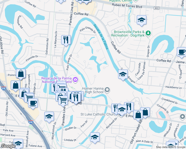 map of restaurants, bars, coffee shops, grocery stores, and more near 17 Tan Oak Circle in Brownsville