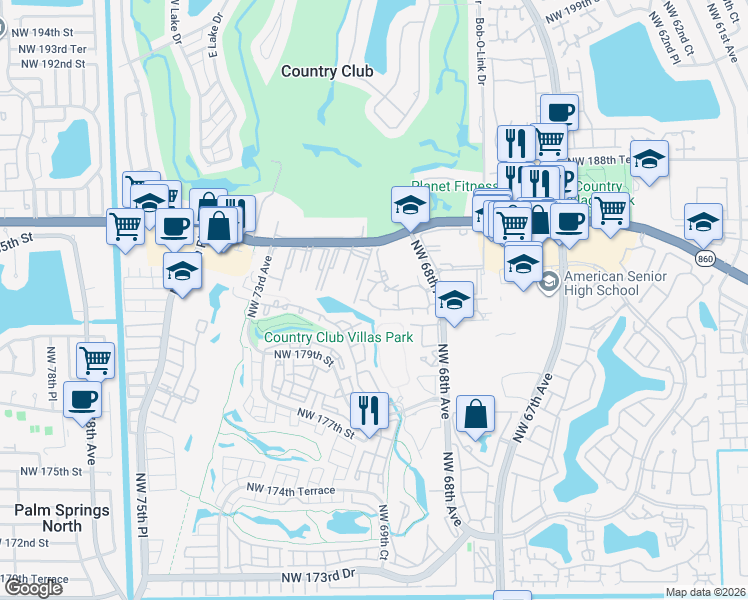 map of restaurants, bars, coffee shops, grocery stores, and more near 18330 Northwest 68th Avenue in Hialeah