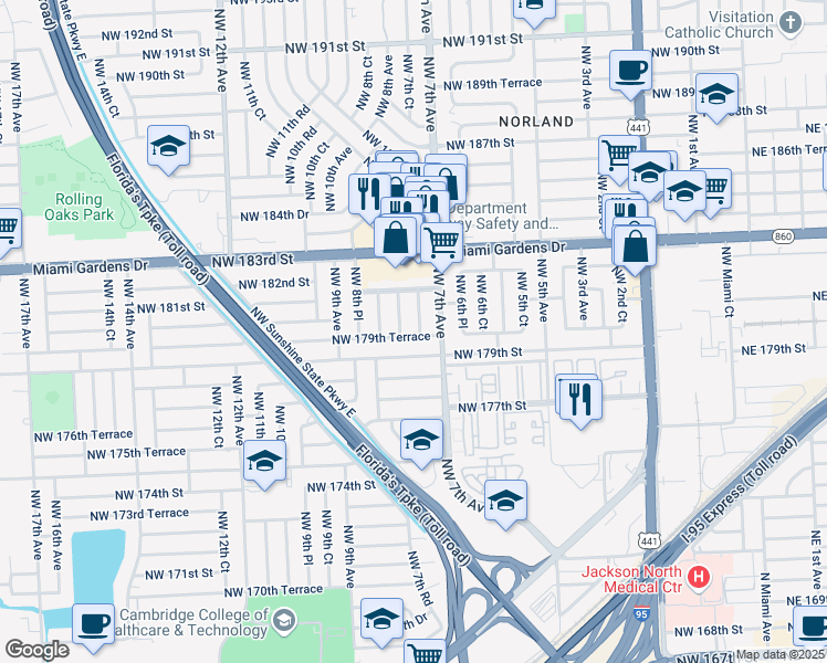 map of restaurants, bars, coffee shops, grocery stores, and more near 17940 Northwest 7th Court in Miami