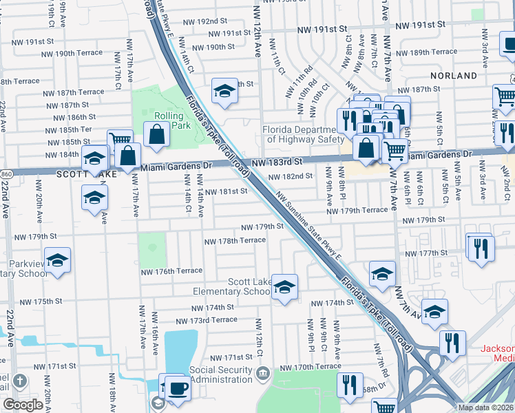 map of restaurants, bars, coffee shops, grocery stores, and more near 1200 Northwest 180th Terrace in Miami