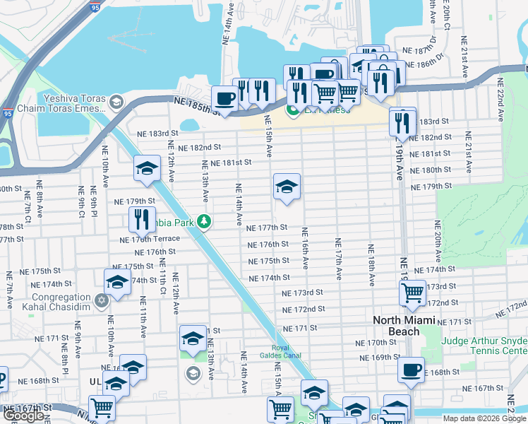 map of restaurants, bars, coffee shops, grocery stores, and more near 1495 Northeast 178th Street in North Miami Beach