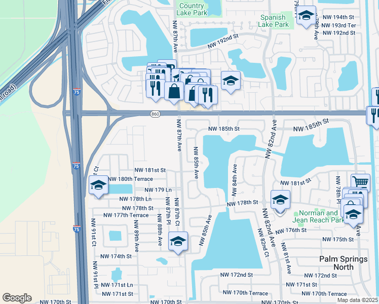 map of restaurants, bars, coffee shops, grocery stores, and more near 18241 Northwest 86th Avenue in Hialeah
