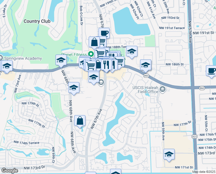 map of restaurants, bars, coffee shops, grocery stores, and more near 18220 Mediterranean Boulevard in Hialeah