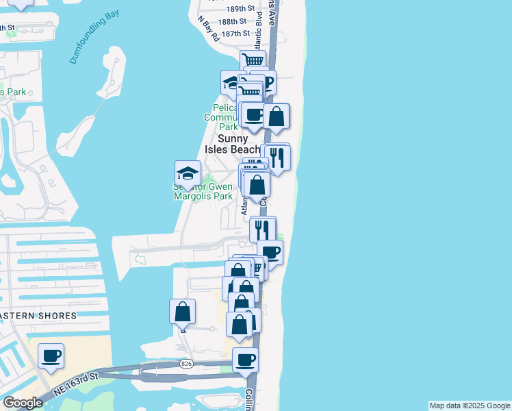 map of restaurants, bars, coffee shops, grocery stores, and more near 17555 Atlantic Boulevard in Sunny Isles Beach