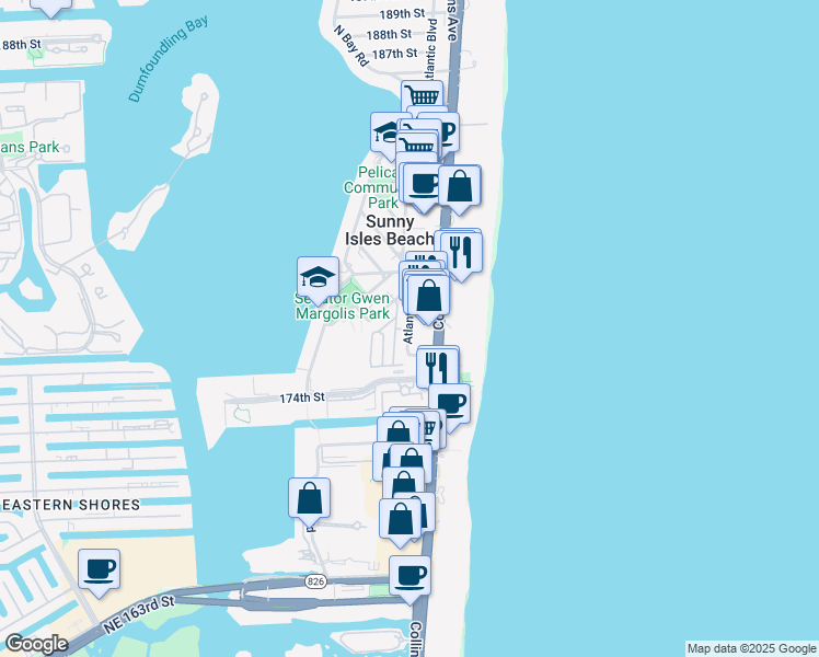 map of restaurants, bars, coffee shops, grocery stores, and more near 17555 Atlantic Boulevard in Sunny Isles Beach