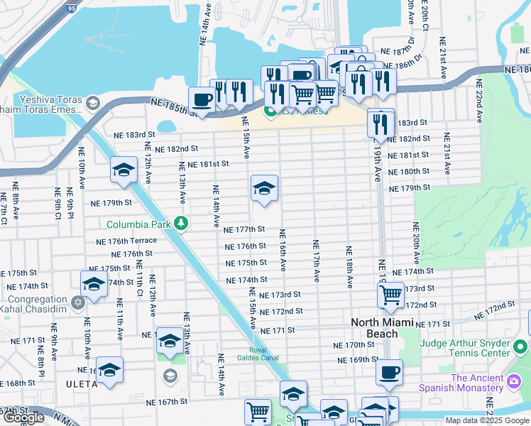 map of restaurants, bars, coffee shops, grocery stores, and more near 1605 Northeast 178th Street in North Miami Beach