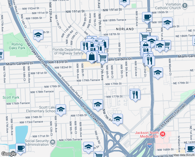 map of restaurants, bars, coffee shops, grocery stores, and more near 17940 Northwest 7th Court in Miami