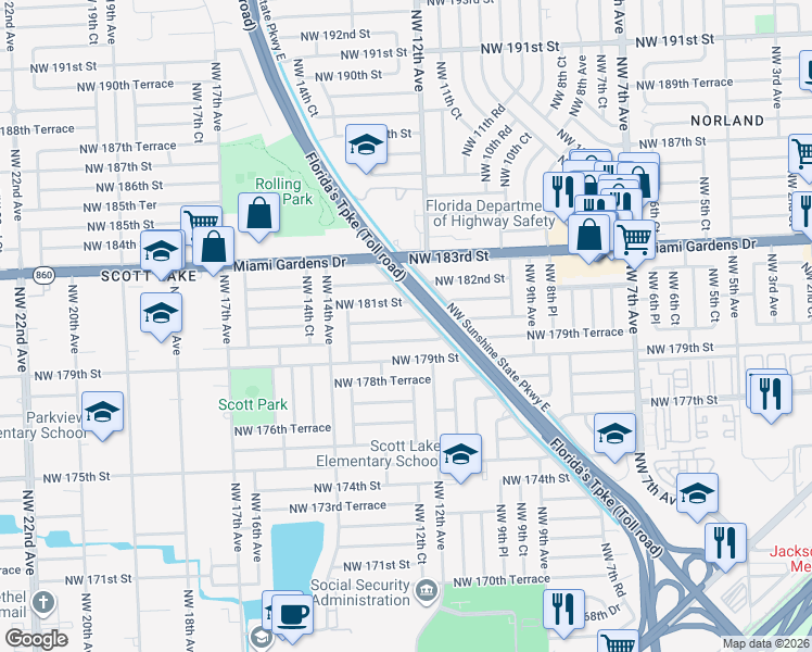 map of restaurants, bars, coffee shops, grocery stores, and more near 1200 Northwest 180th Terrace in Miami