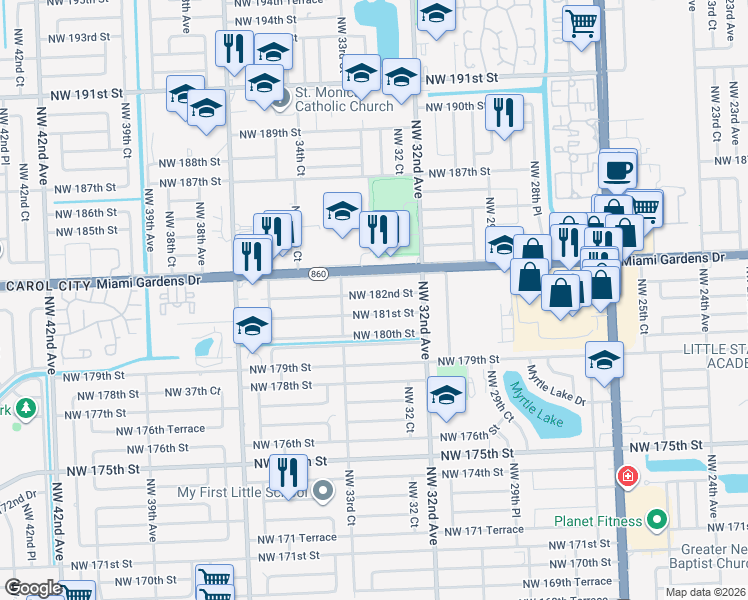 map of restaurants, bars, coffee shops, grocery stores, and more near 3322 Northwest 182nd Street in Miami Gardens