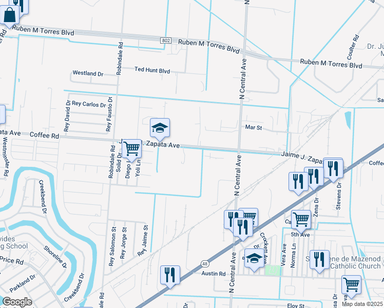 map of restaurants, bars, coffee shops, grocery stores, and more near 4350 Coffee Road in Brownsville