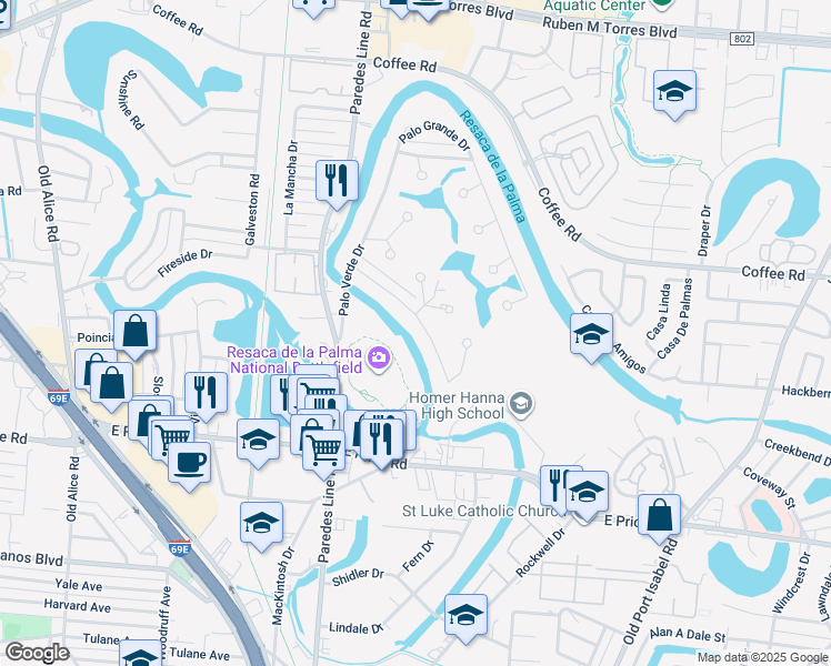 map of restaurants, bars, coffee shops, grocery stores, and more near 114 Palo Alto Drive in Brownsville