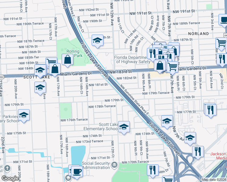 map of restaurants, bars, coffee shops, grocery stores, and more near 1200 Northwest 180th Terrace in Miami