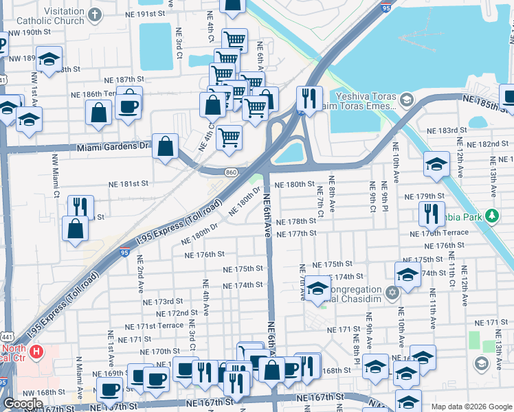 map of restaurants, bars, coffee shops, grocery stores, and more near 530 Northeast 180th Drive in North Miami Beach