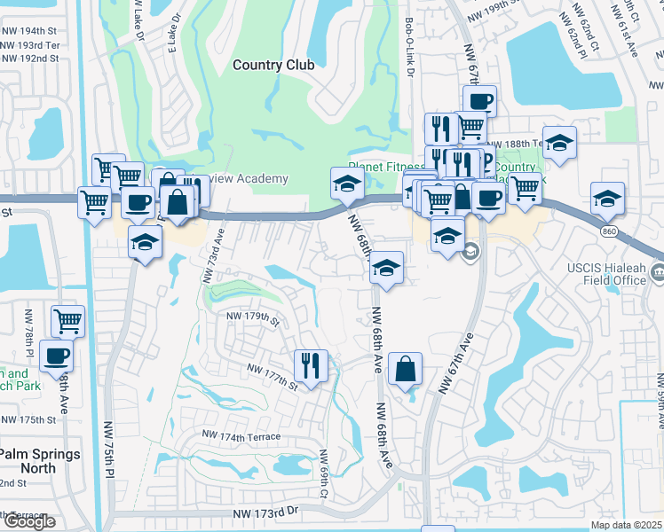 map of restaurants, bars, coffee shops, grocery stores, and more near 18330 Northwest 68th Avenue in Hialeah