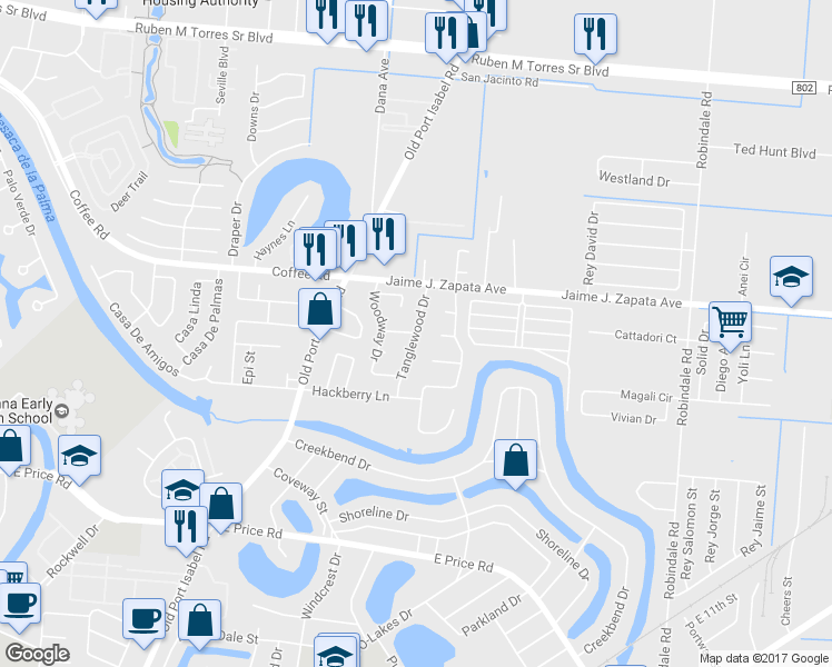 map of restaurants, bars, coffee shops, grocery stores, and more near 1901 Tanglewood Drive in Brownsville