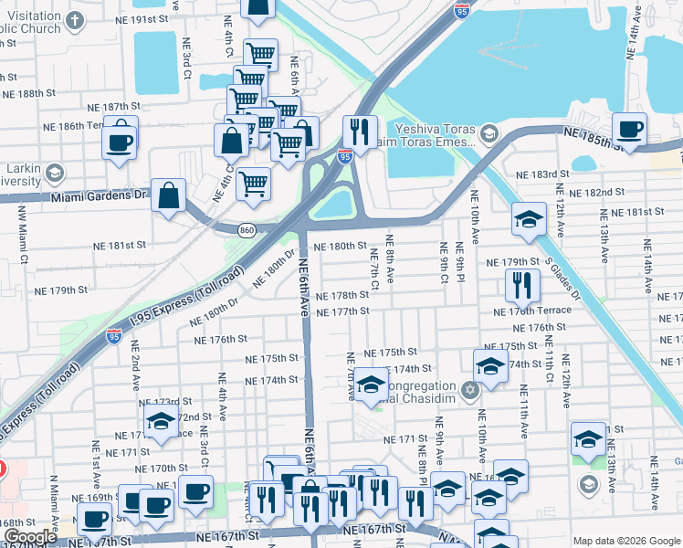 map of restaurants, bars, coffee shops, grocery stores, and more near 665 Northeast 178th Terrace in North Miami Beach
