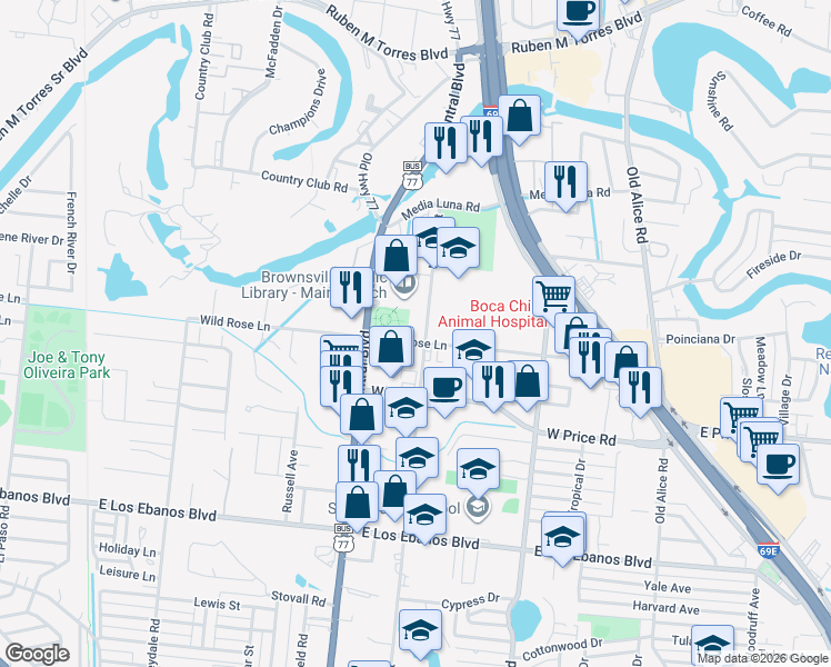 map of restaurants, bars, coffee shops, grocery stores, and more near 835 Wildrose Lane in Brownsville