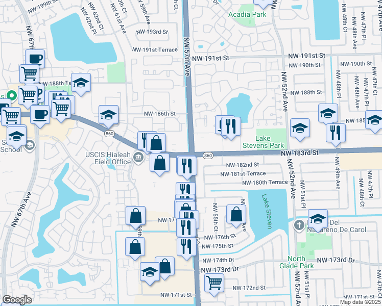 map of restaurants, bars, coffee shops, grocery stores, and more near 5669 Northwest 183rd Street in Opa-locka