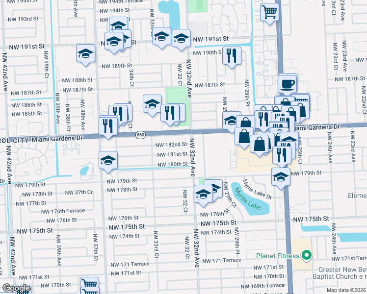 map of restaurants, bars, coffee shops, grocery stores, and more near 3242 Northwest 182nd Street in Miami Gardens