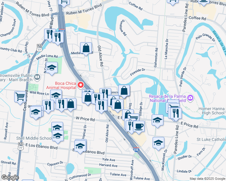 map of restaurants, bars, coffee shops, grocery stores, and more near 121 Stillinger Drive in Brownsville