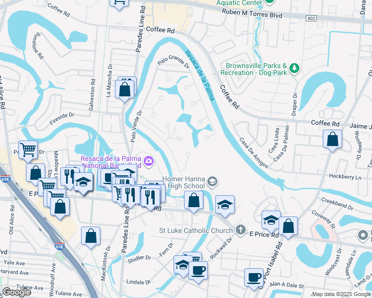 map of restaurants, bars, coffee shops, grocery stores, and more near 17-25 Tan Oak Circle in Brownsville