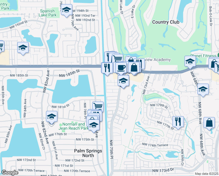 map of restaurants, bars, coffee shops, grocery stores, and more near 7643 Northwest 182nd Lane in Hialeah