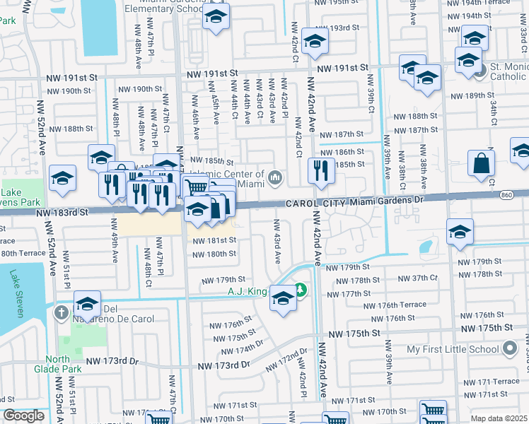 map of restaurants, bars, coffee shops, grocery stores, and more near 4330 Northwest 183rd Street in Miami Gardens