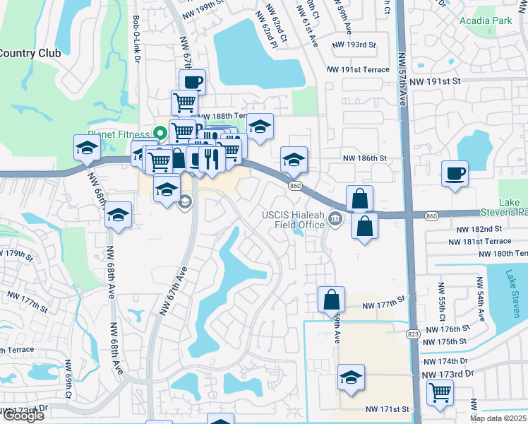 map of restaurants, bars, coffee shops, grocery stores, and more near 18198 Northwest 61st Court in Hialeah