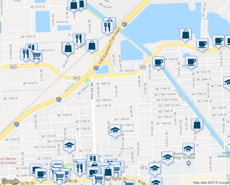 map of restaurants, bars, coffee shops, grocery stores, and more near 745 Northeast 178th Terrace in Miami