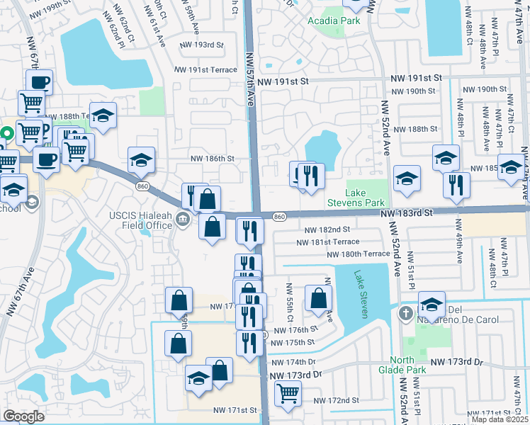 map of restaurants, bars, coffee shops, grocery stores, and more near 5669 Northwest 183rd Street in Opa-locka