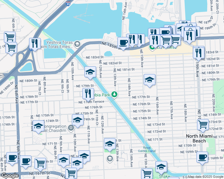 map of restaurants, bars, coffee shops, grocery stores, and more near 1279 Northeast 178th Street in North Miami Beach