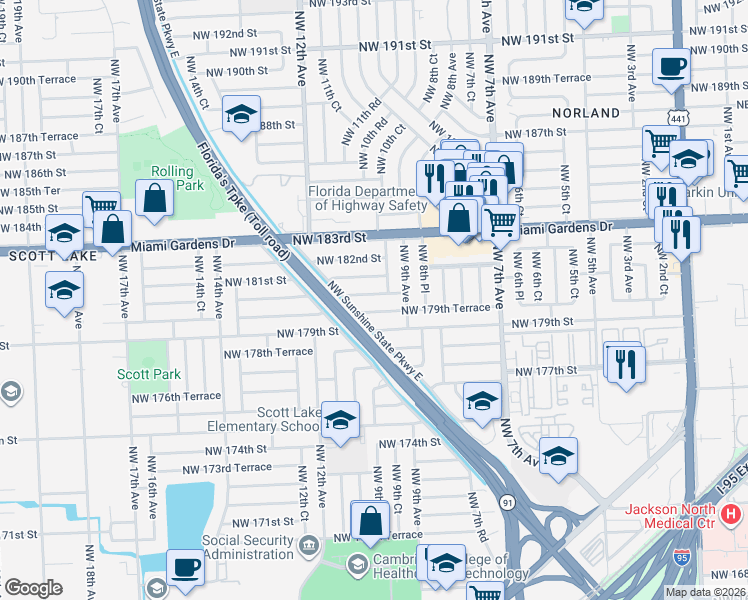 map of restaurants, bars, coffee shops, grocery stores, and more near 960 Northwest 180th Terrace in Miami