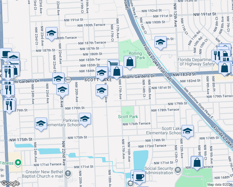 map of restaurants, bars, coffee shops, grocery stores, and more near 18025 Northwest 17th Avenue in Miami Gardens