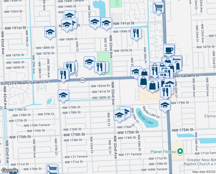 map of restaurants, bars, coffee shops, grocery stores, and more near 3242 Northwest 182nd Street in Miami Gardens