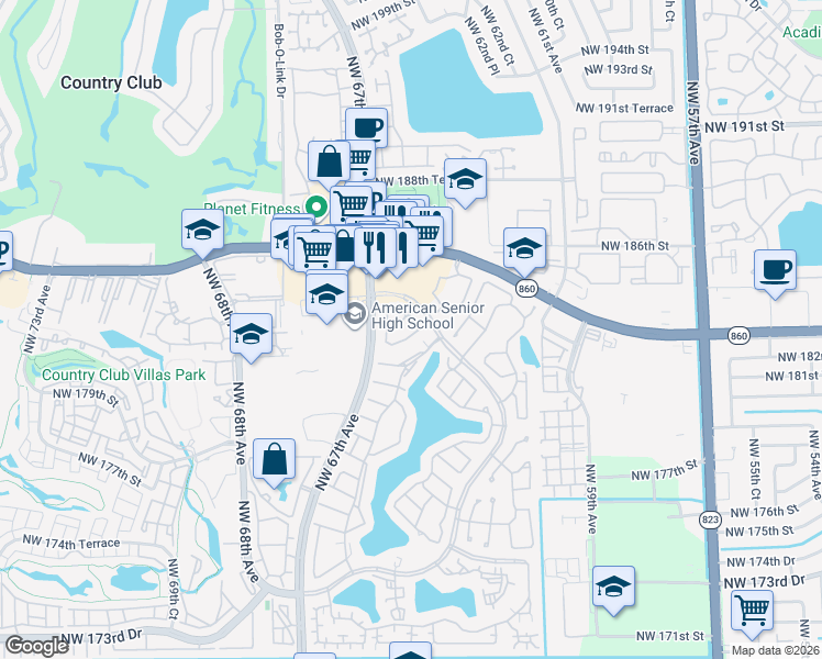 map of restaurants, bars, coffee shops, grocery stores, and more near 18266 Mediterranean Boulevard in Hialeah