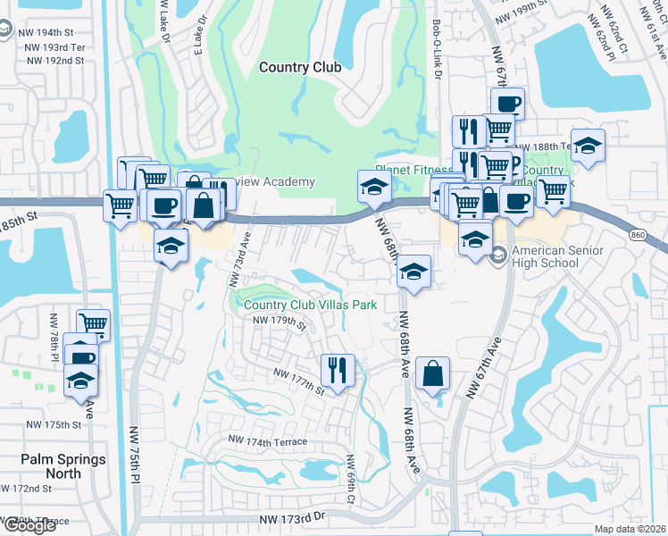 map of restaurants, bars, coffee shops, grocery stores, and more near 6970 Northwest 186th Street in Hialeah