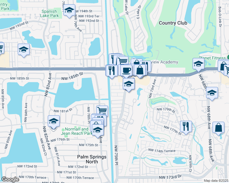 map of restaurants, bars, coffee shops, grocery stores, and more near 7643 Northwest 182nd Lane in Hialeah