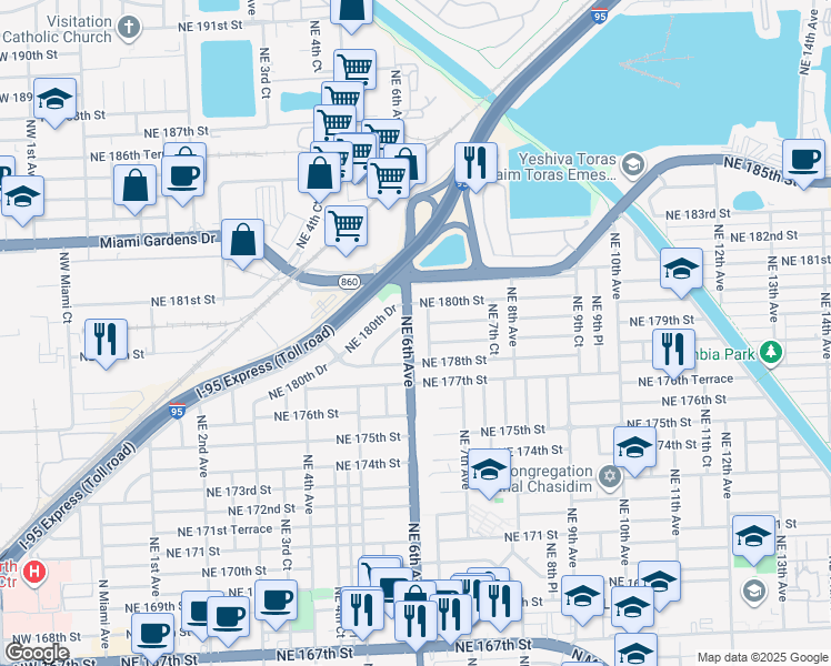 map of restaurants, bars, coffee shops, grocery stores, and more near 17865 Northeast 6th Avenue in Miami