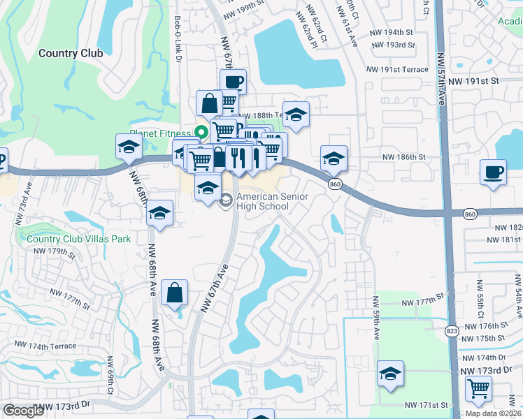map of restaurants, bars, coffee shops, grocery stores, and more near 18266 Mediterranean Boulevard in Hialeah