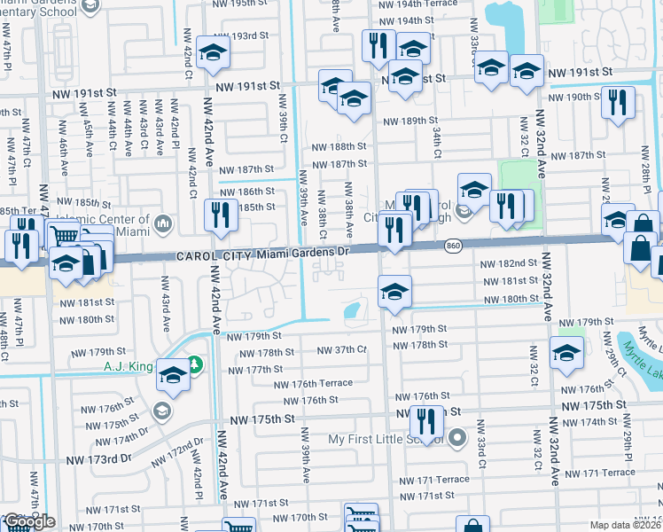 map of restaurants, bars, coffee shops, grocery stores, and more near 3840 Northwest 183rd Street in Miami Gardens