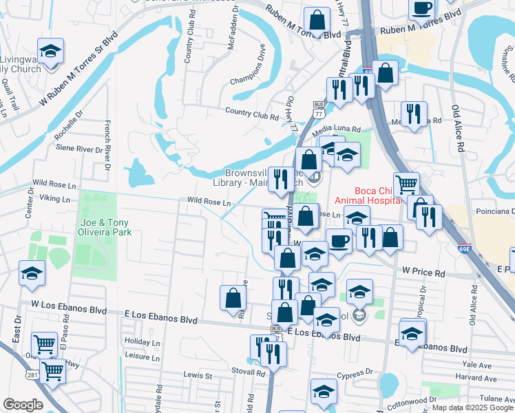 map of restaurants, bars, coffee shops, grocery stores, and more near Wildrose Lane in Brownsville
