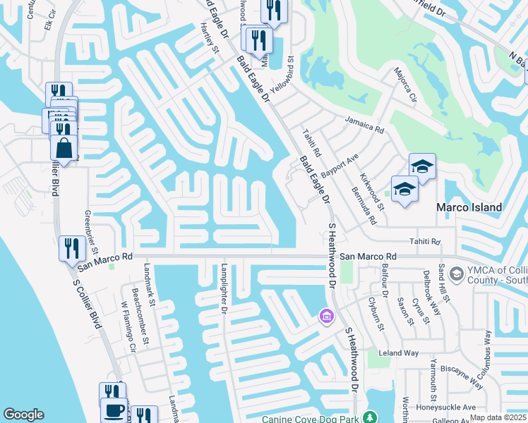 map of restaurants, bars, coffee shops, grocery stores, and more near 99 South Seas Court in Marco Island