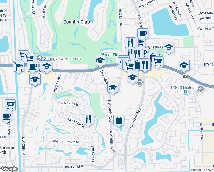 map of restaurants, bars, coffee shops, grocery stores, and more near 18306 Northwest 68th Avenue in Hialeah