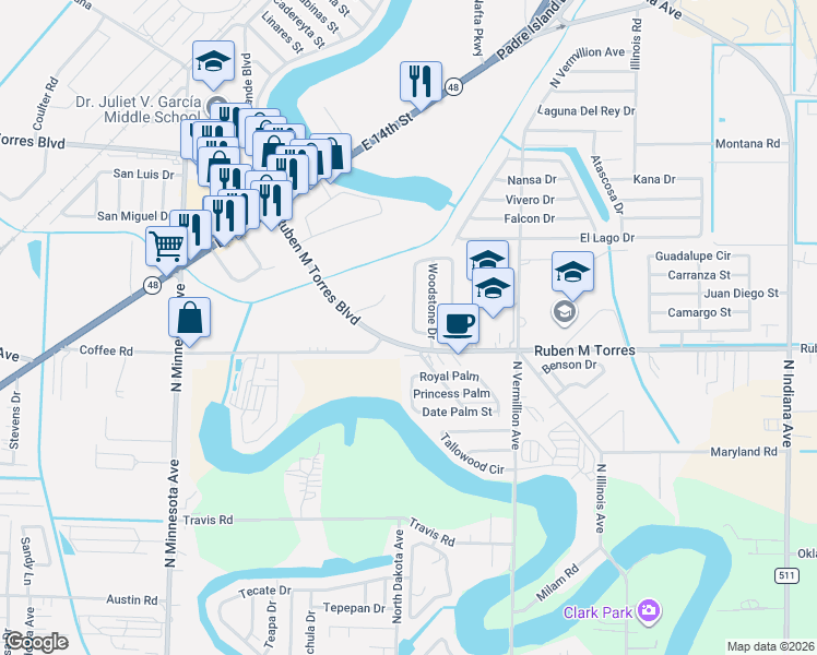 map of restaurants, bars, coffee shops, grocery stores, and more near 2518 Autumn Sage Drive in Brownsville