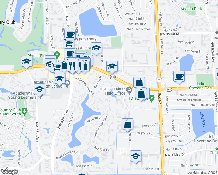 map of restaurants, bars, coffee shops, grocery stores, and more near 18244 Northwest 61st Avenue in Hialeah